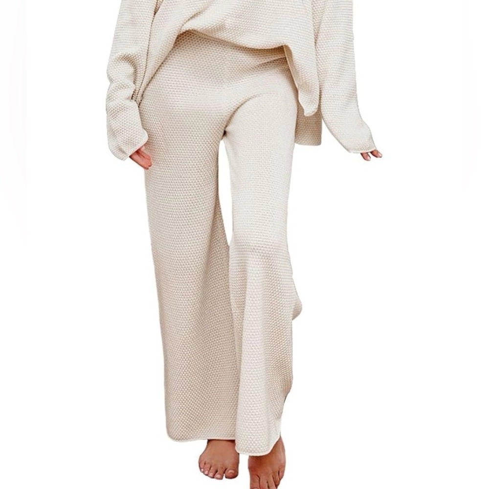 Cream Knit Wide-Leg Pants